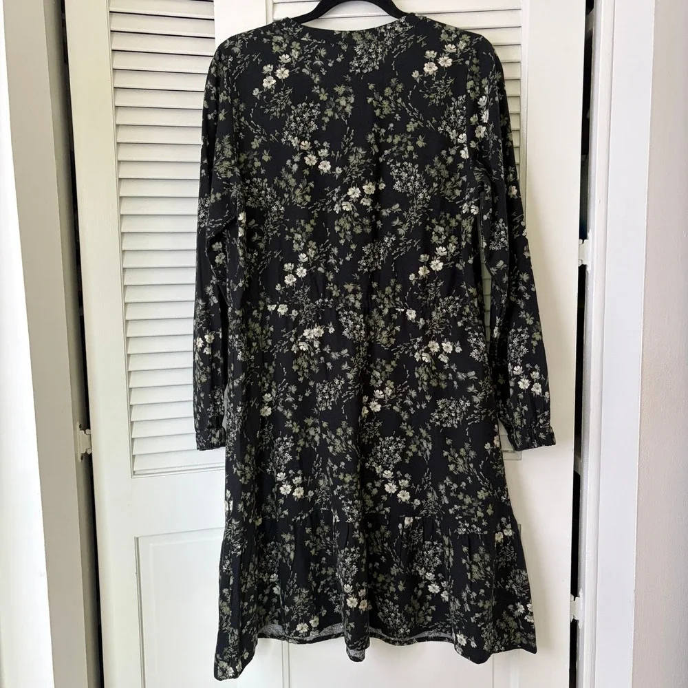Pact Organic Cotton Floral Tiered Dress Black Green Long Sleeve Women's S